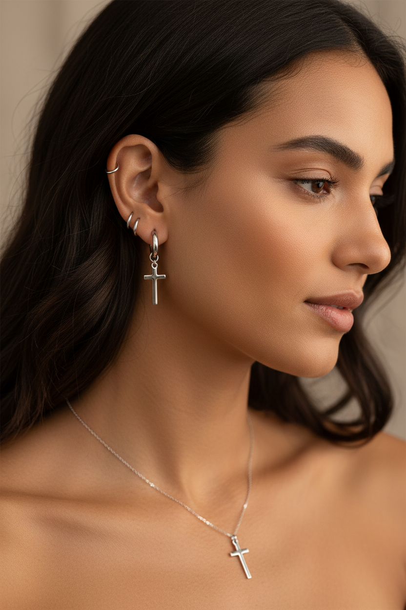 Model met zilveren kruis oorbel, helix en ketting