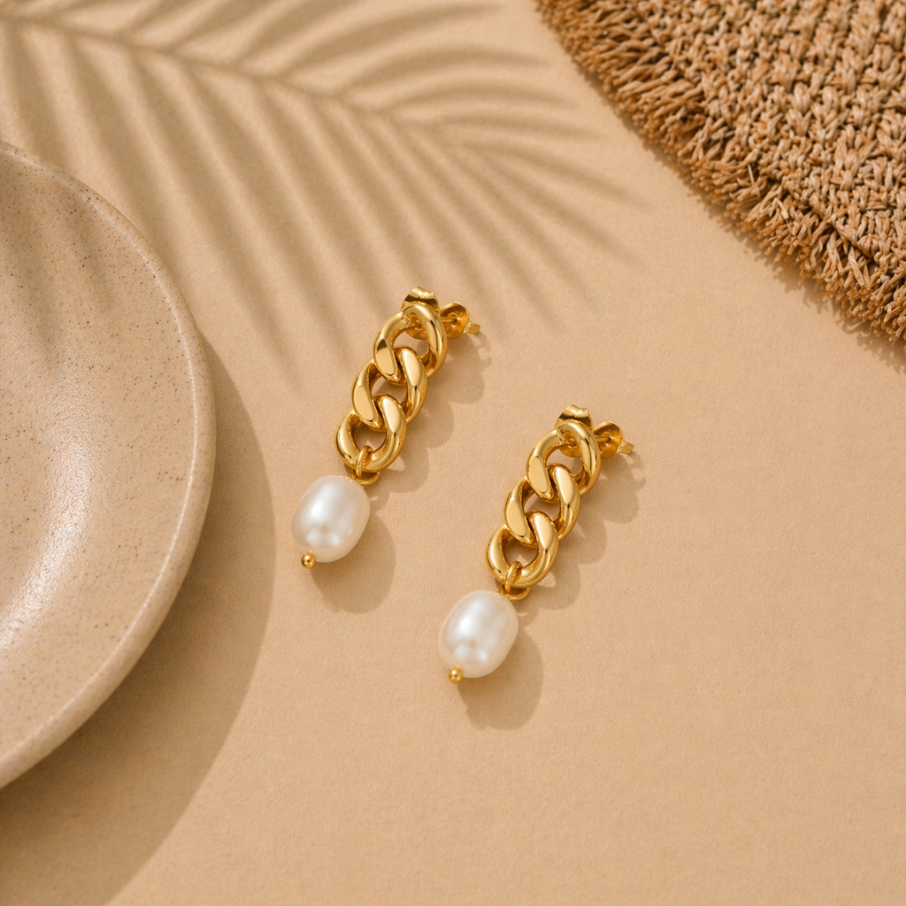 Curb Chain Pearl Earrings