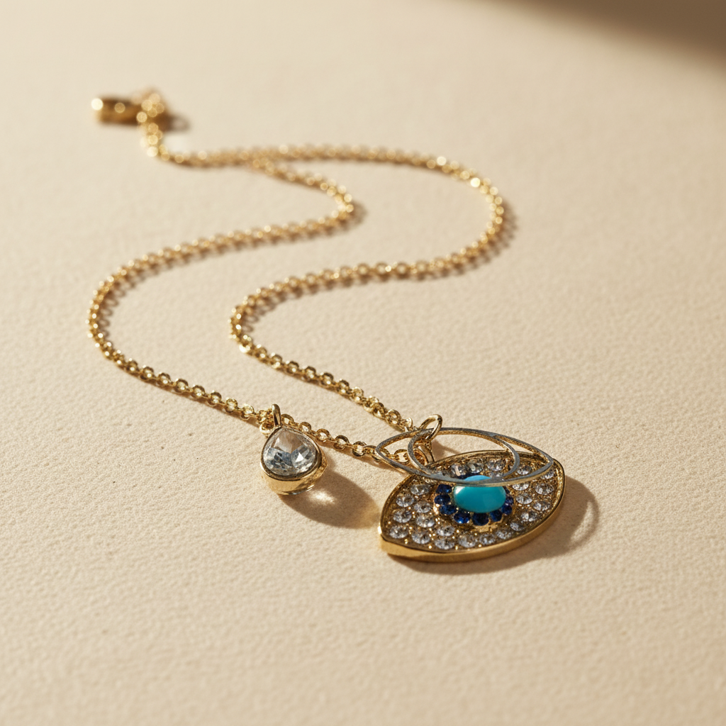 Evil eye ketting golvend op crème achtergrond