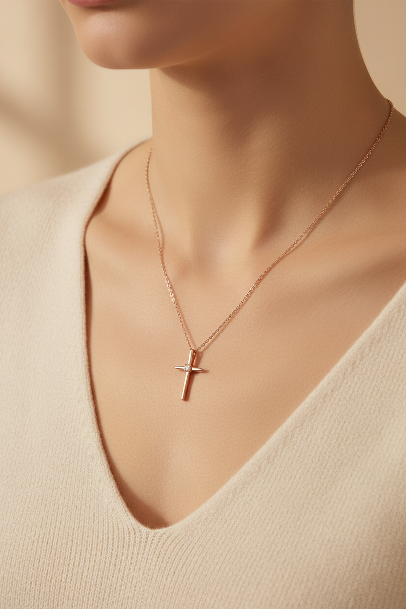 Rosé gouden kruis ketting op model